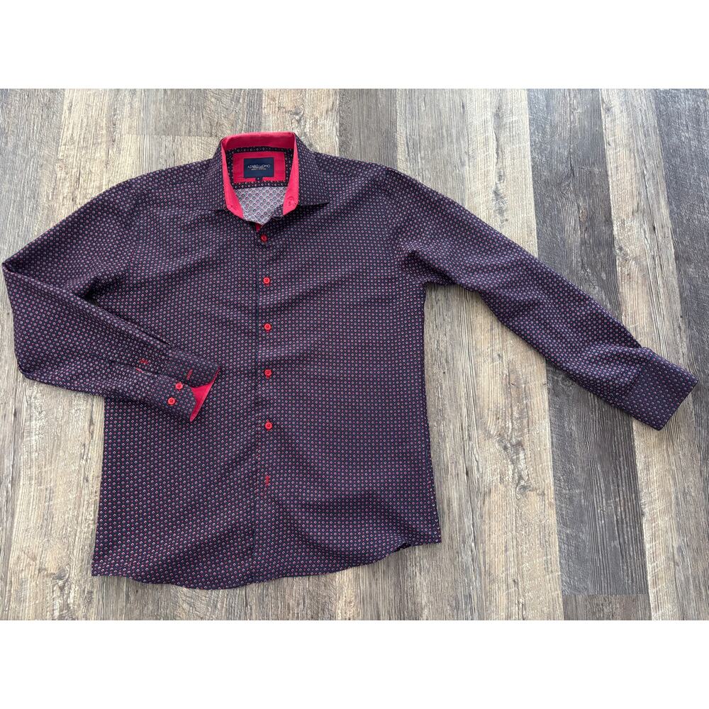 Azaro Uomo Mens Navy Blue Red Geometric Diamond Print Button‎ Down Shirt Large